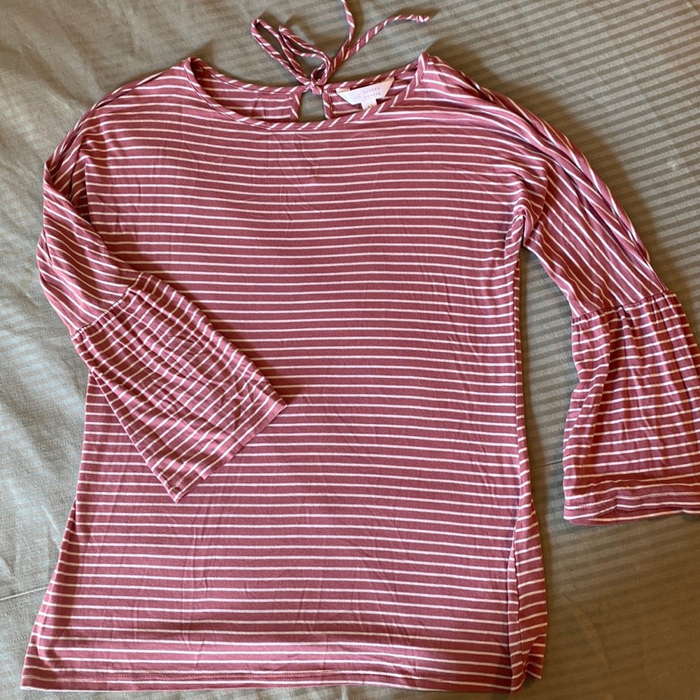 Coral pink and white striped top with bell sleeves